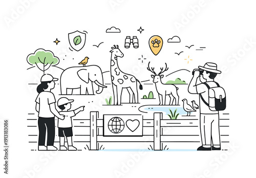 Future of wildlife. Adults and a child observing animals from a safe distance, sense of education and long-term protection with gentle nature