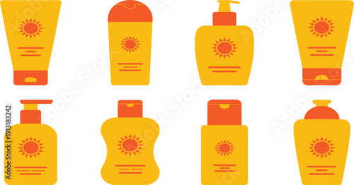 Sun protection skin care products set, sunscreen and sunblock lotion bottles collection with sun icons for summer vacation vector illustration isolated on white background.