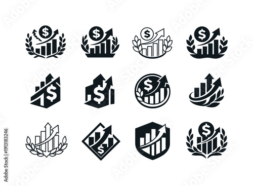 Retail business KPIs. Icon set. Set Logo of retail business KPIs: profit and efficiency symbol. harmonious logo variations of the same