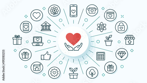 Charity and Community Support Line Icons with Heart in Hands Concept