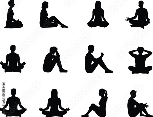 Collection of meditating people silhouettes in various yoga poses isolated on white background, mindfulness meditation set, male and female figures in lotus position vector illustration