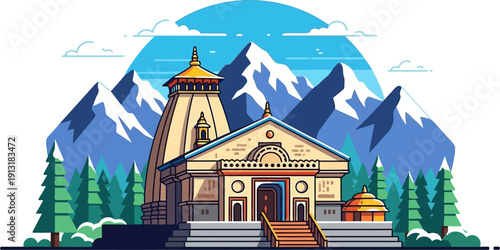 Illustration of a temple nestled in a mountainous landscape with a full moon