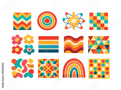 Colorful Retro Icons. Retro Prints. Colorful flat vector icons set of Retro Prints: zigzag chevron, concentric circles, atomic burst, checkerboard, mod