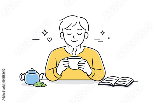Everyday happiness. A relaxed person enjoys a quiet moment with a cup of tea and gentle smile. Simple pleasure and warmth in daily life.
