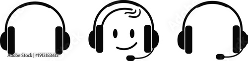 Customer support headset icon set with call center headphones and friendly operator avatar for service communication concepts