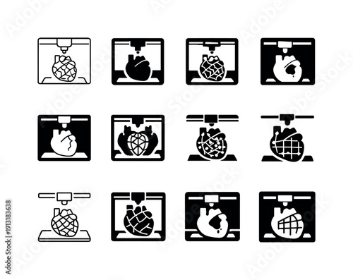Biofabrication and 3D Printed Organs. Icon set. Set Logo of biofabrication and 3D printed organs: 3D printed human heart scaffold. harmonious