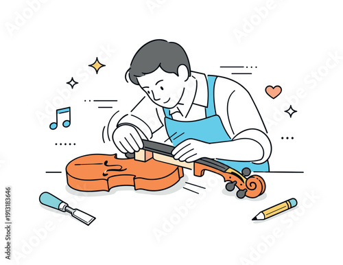 Assembling a handmade violin. A violin maker carefully fitting the neck and body together, focusing on alignment and detail. Abstract motion