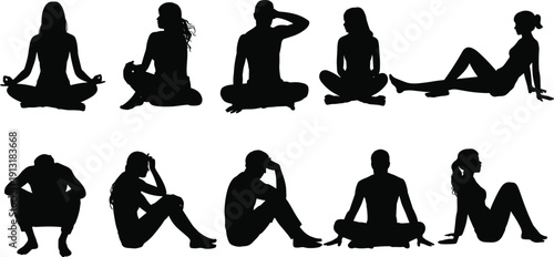 Collection of men and women sitting silhouettes in various yoga and meditation poses isolated on white background for wellness and lifestyle design projects