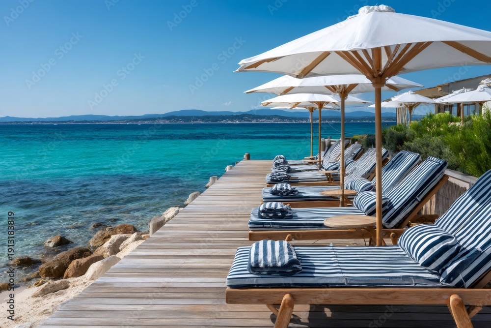 Fototapeta premium Beach resort deck chairs enjoying turquoise ocean luxury
