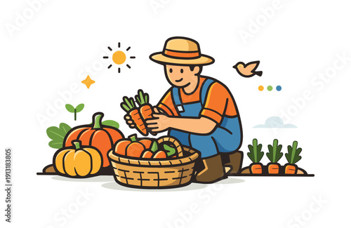 A farmer harvesting vegetables like pumpkins or carrots from a garden a warm moment of gathering fresh produce into a basket, conveying