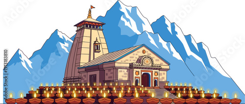 Illustration of a hindu temple nestled against a snowy mountain backdrop