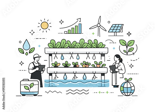 Hydroponic Agriculture Future. Future of hydroponic agriculture. A clean editorial scene showing a sustainable food system powered by hydroponics, with plants,