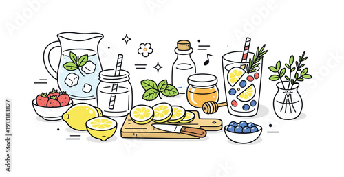 Spring beverage preparation. Ingredients like lemons, berries and herbs prepared for homemade drinks, feeling of freshness and simplicity.