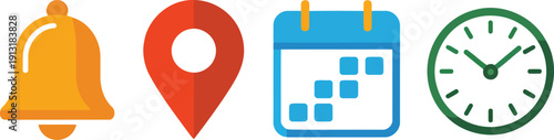 A set of practical flat design icons displaying a notification bell, map marker, calendar, and a clock
