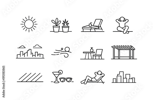 Rooftop Summer Lifestyle. Line icon set of Rooftop Summer Lifestyle: summer sun, rooftop plants, lounge seating, relaxed posture, open sky