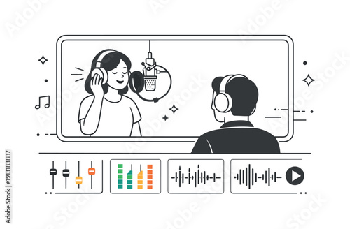 Studio Session Harmony. Recording studio session. Singer performing a vocal take while producer listens behind a glass window. Focused collaboration mood with
