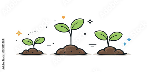 Minimalist Plant Sprouts. Young plant sprouts in soil. Minimal sprouts appear in a top or side view, with rounded leaves and simple soil forms creating visual