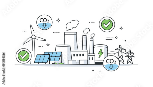 Clean energy production. A power station generating electricity with minimal emissions, icons of CO? reduction and check marks floating
