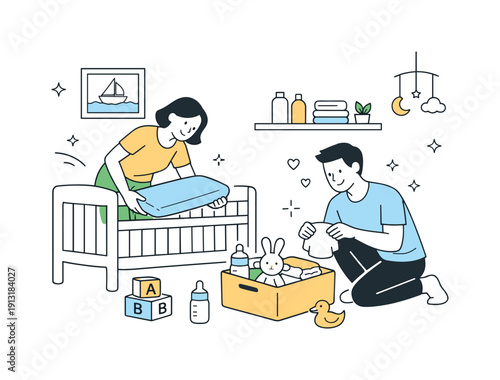 Helping someone with a new baby or adopting children. A cozy home scene of shared childcare tasks, like preparing a crib or organizing baby