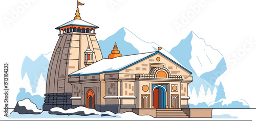 Illustration of the kedarnath temple nestled in the himalayan mountains