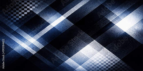Abstract dark blue geometric background featuring a seamless checkered pattern with square textures reminiscent of a vintage chessboard or textile fabric design for a decorative wallpaper backdrop