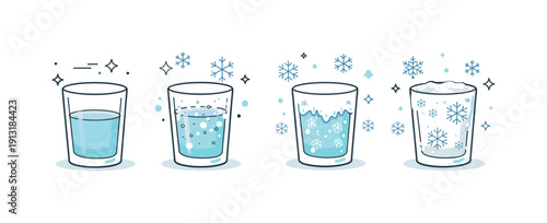 The process of freezing. Sequence scene of a glass of water slowly frosting over, with gentle snowflake symbols appearing. Quiet sense of