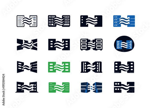 Data Center Logo Grid. Data center operations. Icon set. Set Logo of Data center operations: cooling airflow through server racks. harmonious logo variations