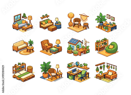 Sustainable interior. Colorful isometric vector icons set of Sustainable interior: eco living room, upcycled furniture set, natural materials