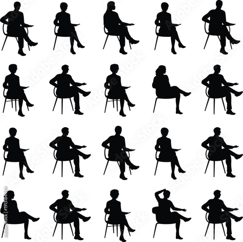 Collection of sitting people silhouettes in various chair poses, black isolated vector set for business, interview, and social interaction design projects and branding use