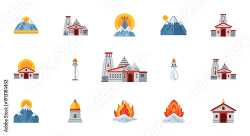 Colorful icons depicting asian temples mountains and natural elements