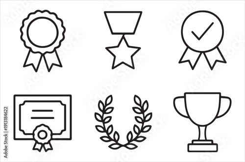 Collection of line art icons representing awards achievements and recognition