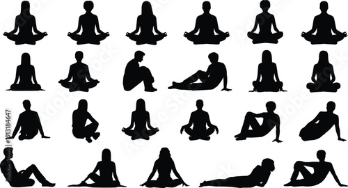 Collection of yoga and meditation silhouette poses featuring men and women sitting, relaxing, stretching and practicing mindfulness isolated on white background vector illustration set