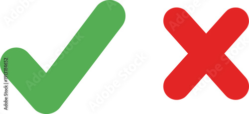 Green check mark and red cross flat icon set for approval, rejection, validation, and decision user interface design