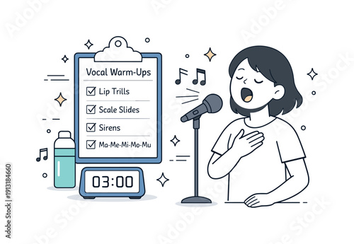 Daily vocal exercise habit. A singer practicing short warm-ups with a timer and checklist nearby, showing routine and consistency. The scene