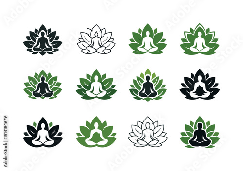 yoga classes in the park. Icon set. Set Logo of yoga classes in the park: leaf mandala with yoga figure. harmonious logo variations of the