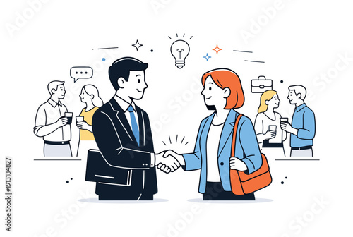Business networking events. Two professionals introducing each other with a handshake while others mingle in the background. A sense of