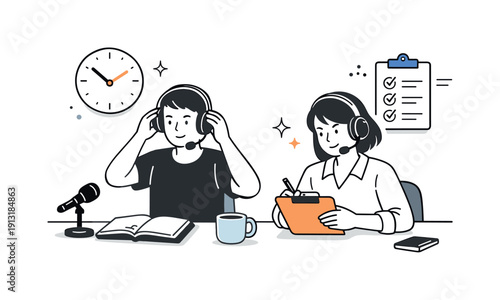 Behind the scenes of commentary. Commentators preparing notes and adjusting headsets before going live. Quiet preparation mood with clocks