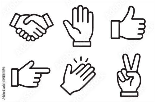 Collection of hand gestures handshake pointing clapping and positive signs