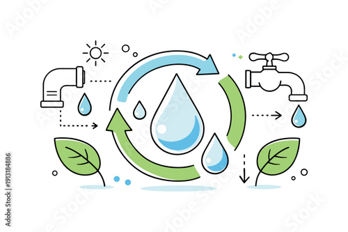 Water conservation systems. Abstract editorial composition with water drops, pipes, leaves, and circular arrows symbolizing reuse and