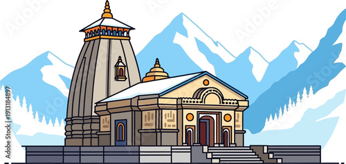 Illustration of a traditional hindu temple set against a snowy mountain backdrop