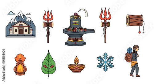 Colorful illustration depicting hindu religious symbols and elements of nature