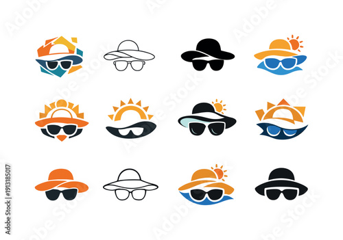 June beach accessories. Icon set. Set Logo of June beach accessories: sun hat and shades combo. harmonious logo variations of the same