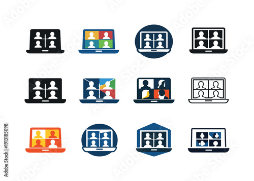 Virtual Classroom Logos. Virtual classrooms. Icon set. Set Logo of virtual classrooms: laptop with virtual students grid. harmonious logo variations of the