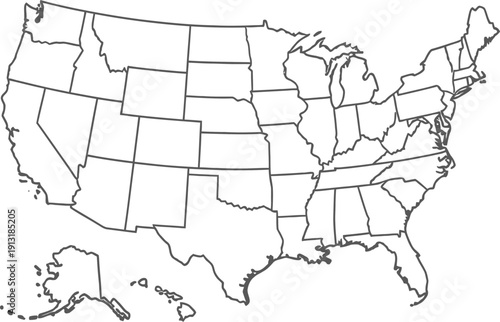 Map of the United States of America with state borders  outline on transparent background