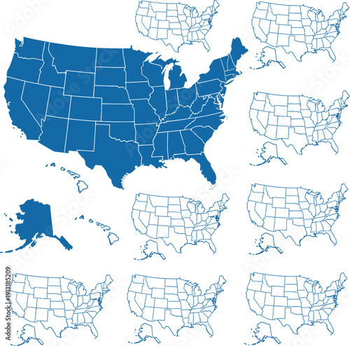 Collection of United States maps in various styles and formats for navigation and education purposes in America