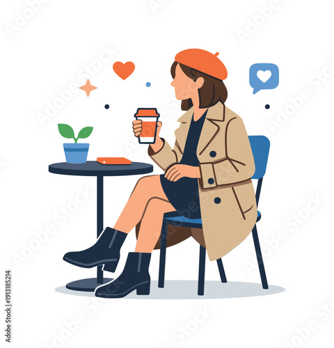 A person sitting at a cafe wearing a stylish trench coat and boots shown from a side angle with crossed legs and a takeaway coffee in hand.