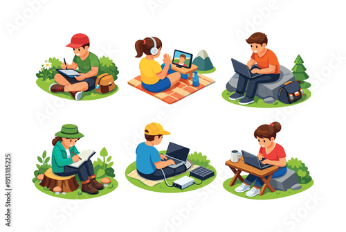 Nature freelance. Isometric flat vector icons set of nature freelance: person sketching on tablet outdoors, person video calling from nature,