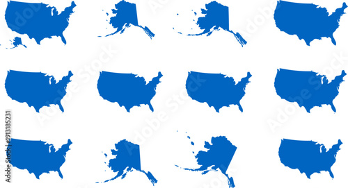 collection of blue USA maps in different styles on white background