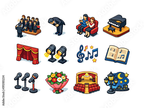 Choral Concert Icons. Choral concert. Colorful isometric vector icons set of choral concert: choir performance, conductor bowing, audience applause, concert