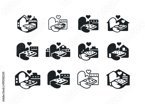 Cozy Cookie Icon Set. Baking cookies in a cozy kitchen. Icon set. Set Logo of baking cookies in a cozy kitchen: oven mitt. harmonious logo variations of the
